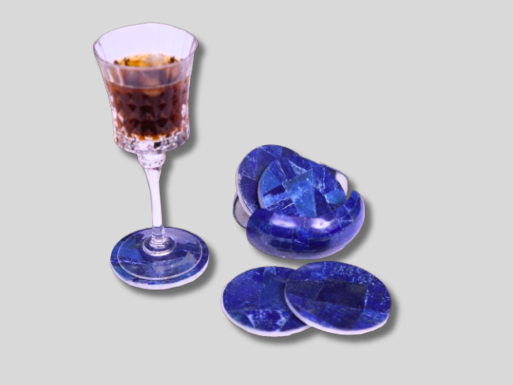 Luxurious Collection Of Marble Coaster Set Inlay Random Lapis Stone Handmade Art